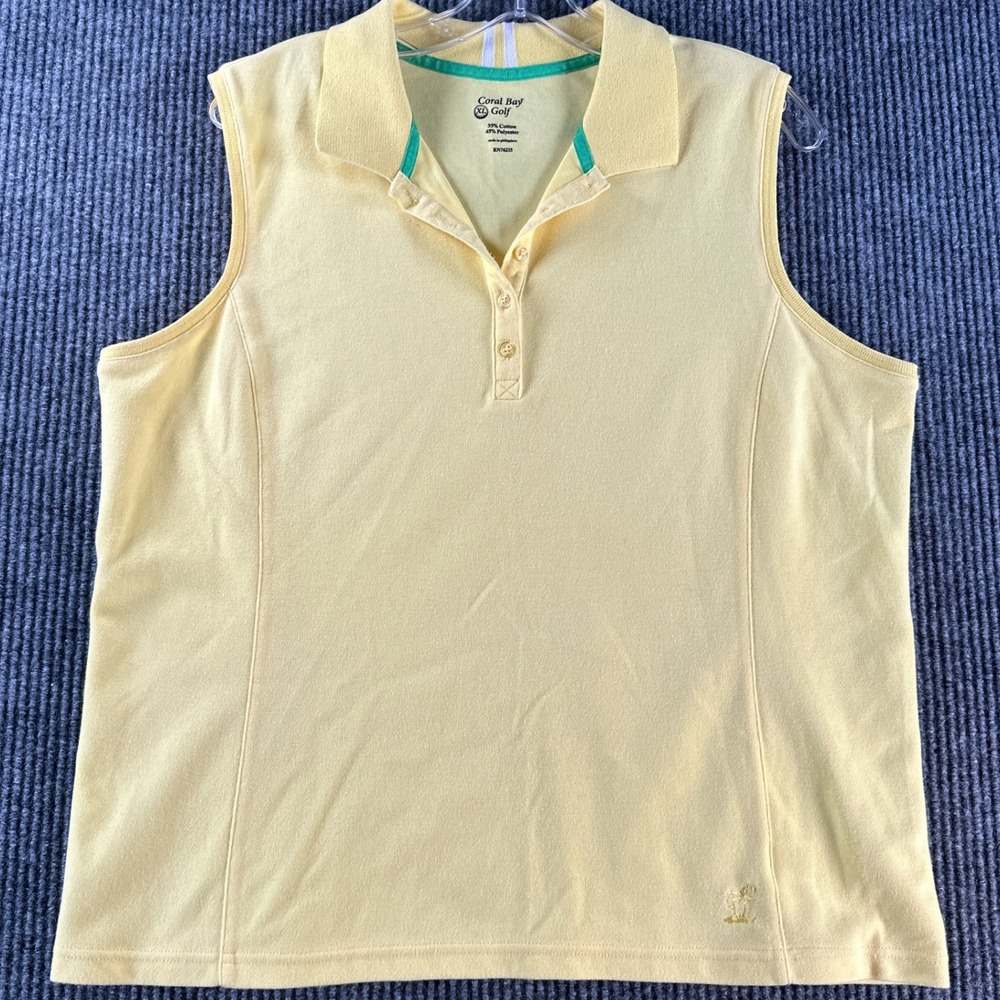 Coral Bay Golf Womens XL Yellow Sleeveless Polo Shirt Palm Tree Logo RN76235